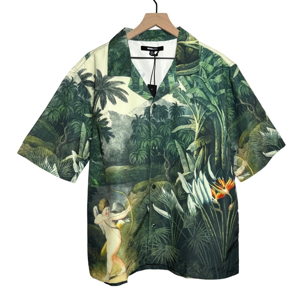 Fashion Nova‎ Men Button Up Shirt M Green Cupid Tropical Resort Vacation